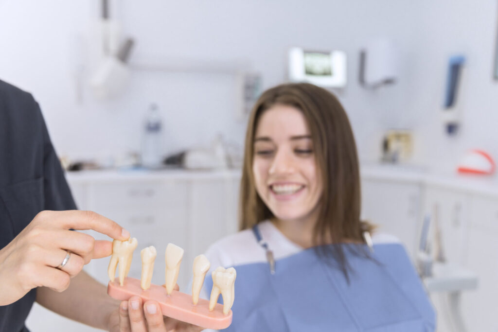 smiling female patient looking different types teeth model 1536x1024